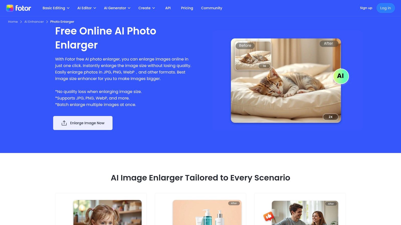 A screenshot of the Fotor AI Image Enlarger web interface, showing a before-and-after comparison of an upscaled image.