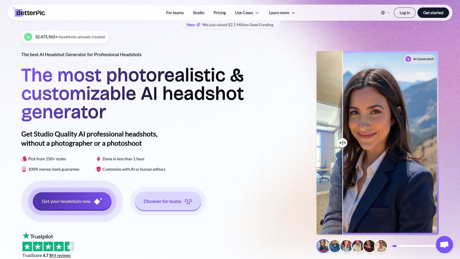 A user interface from BetterPic showing a selection of AI-generated professional headshots with various outfits and backgrounds.