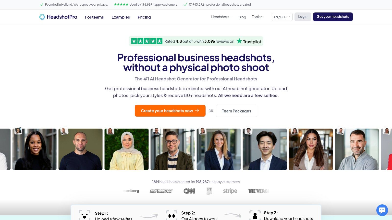 A collage of AI-generated professional headshots from HeadshotPro, showcasing diverse styles and backgrounds.