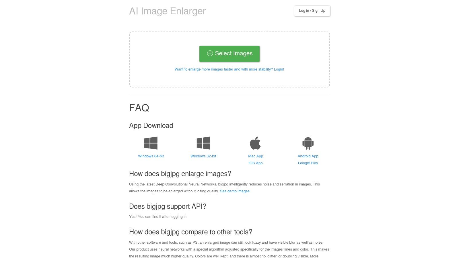 A screenshot of the Bigjpg website interface, showing the simple drag-and-drop area for image uploads and configuration options.