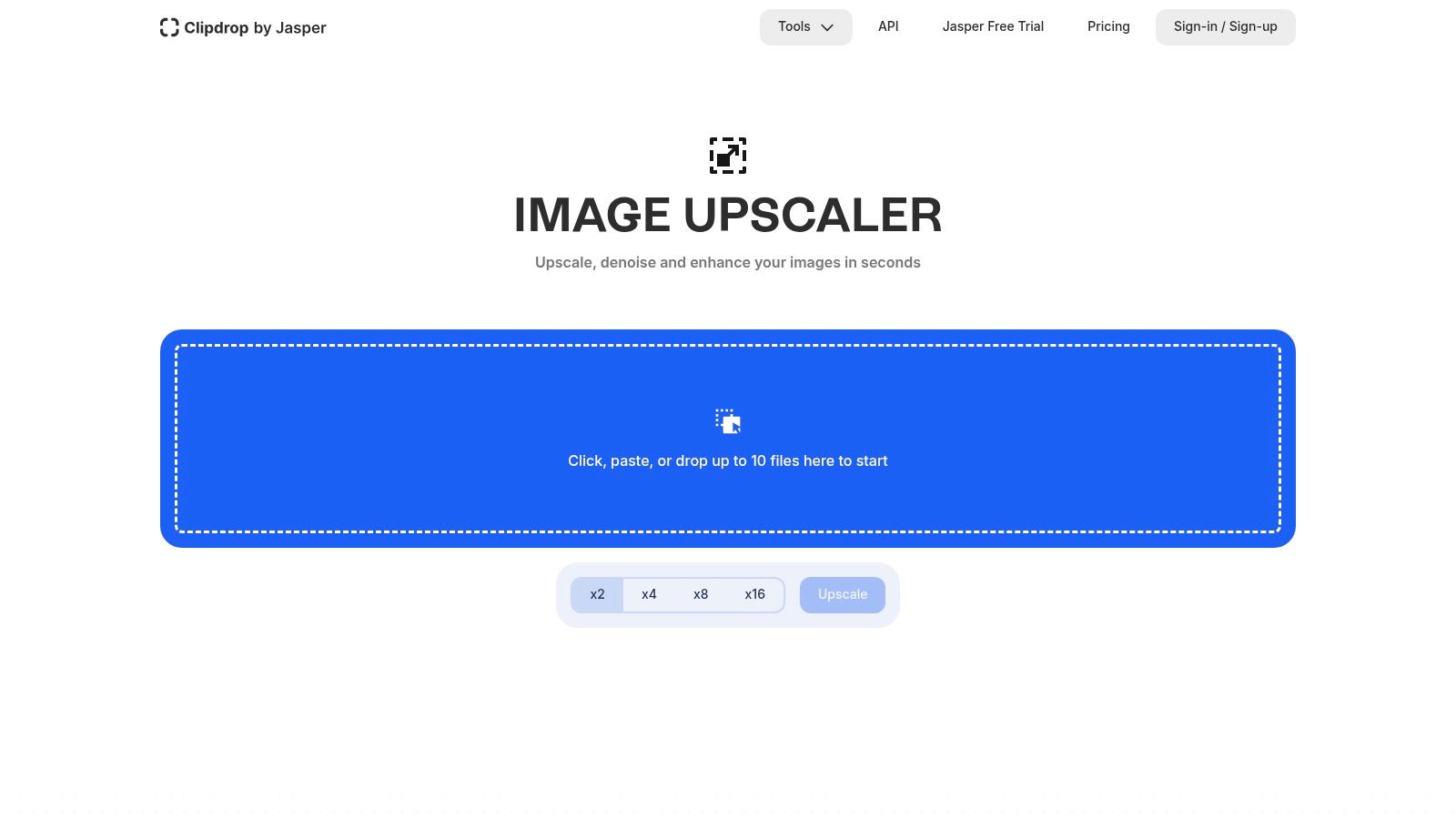 A screenshot of the Clipdrop Image Upscaler interface showing an image being uploaded for enhancement with upscaling options visible.