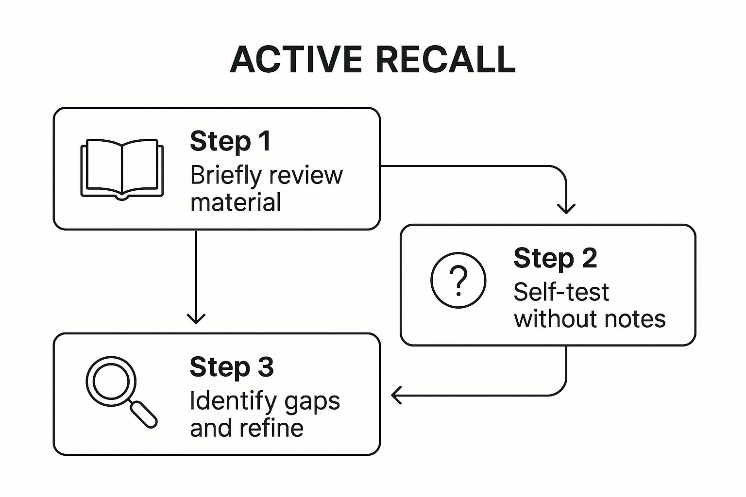 Infographic showing a three-step process for implementing Active Recall: Step 1 is Review, Step 2 is Self-Test, and Step 3 is Identify Gaps.