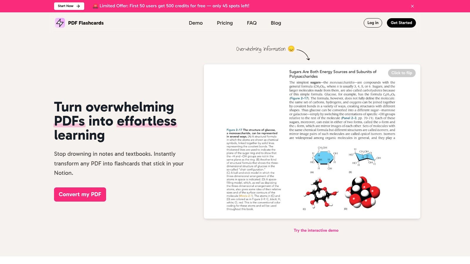 PDFFlashcards user interface showing a PDF being converted into flashcards