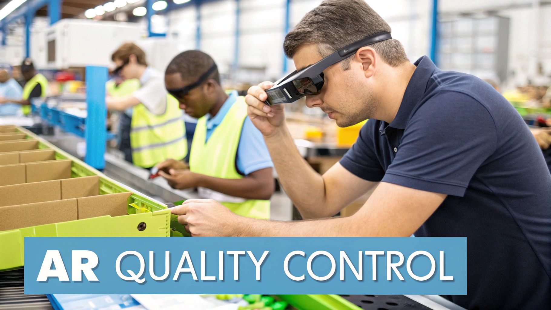 A quality control inspector using AR glasses to check a product on the assembly line.
