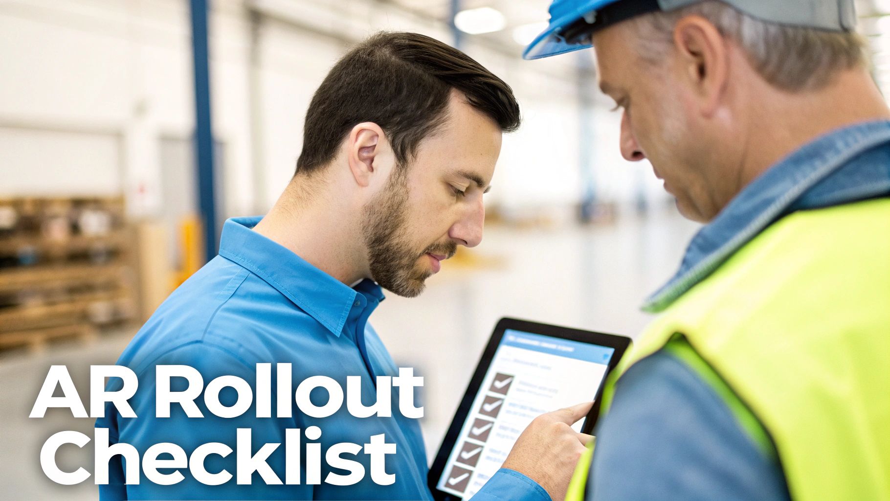 Two industrial workers review an AR rollout checklist on a tablet in a factory setting.