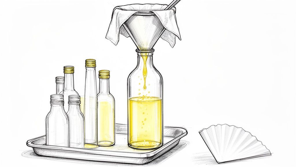 Proces filtrowania żółtego płynu do butelki za pomocą lejka z tkaniną, obok puste butelki i filtry.