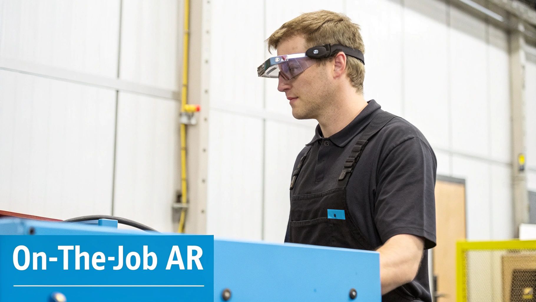 A worker in a factory wears AR smart glasses, looking at a blue machine, demonstrating on-the-job AR.