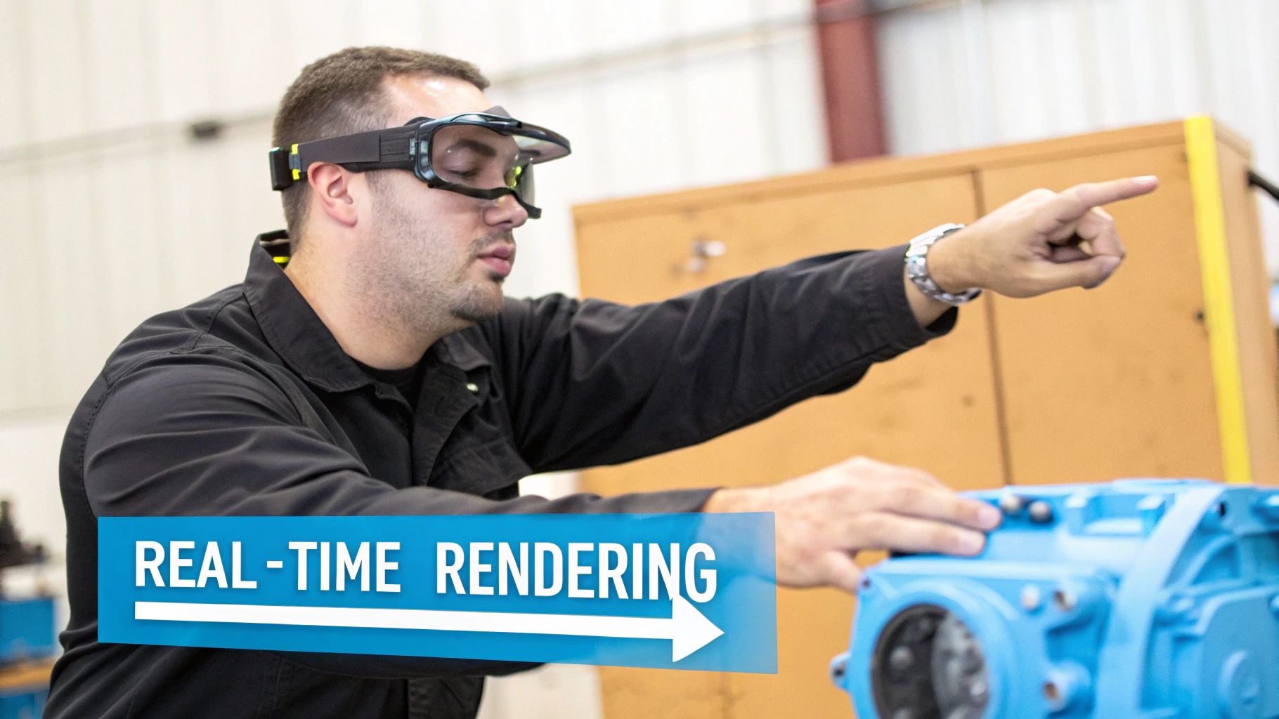Man wearing AR goggles in an industrial setting, pointing at a machine part.