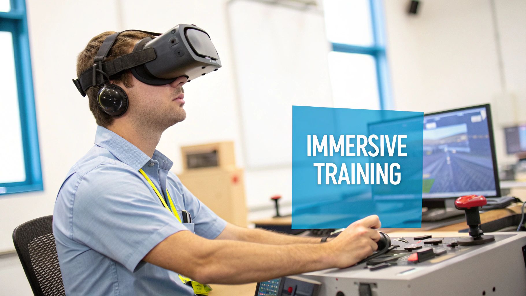 Man in VR headset with headphones operating a control panel for immersive training.