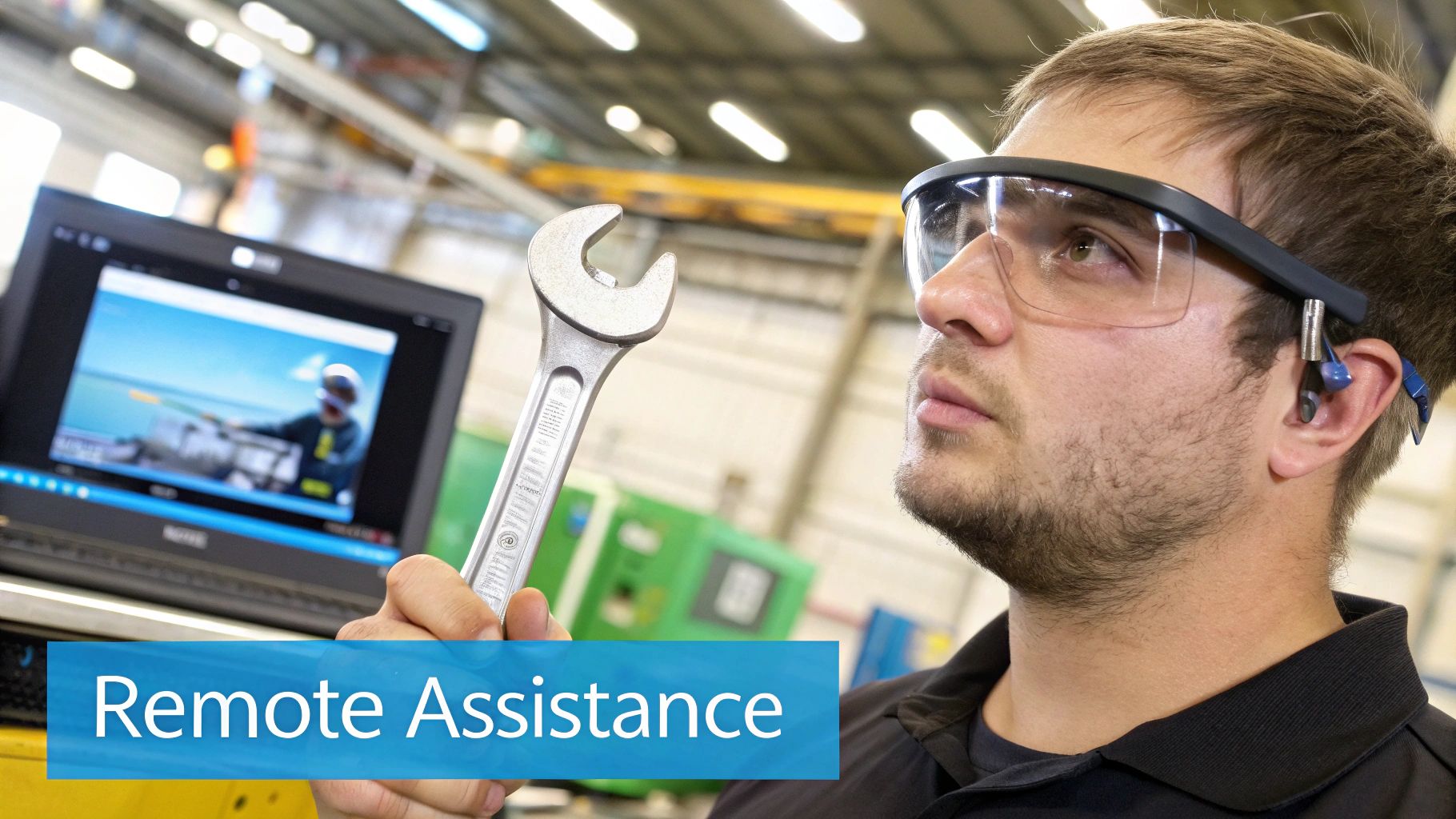 A man in safety glasses and a headset holds a wrench while looking up, with a laptop showing remote assistance in the background.