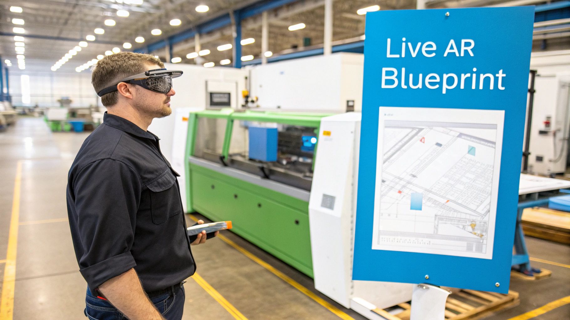 Man in a factory wears AR goggles, looking at a 'Live AR Blueprint' sign, showcasing industrial augmented reality.