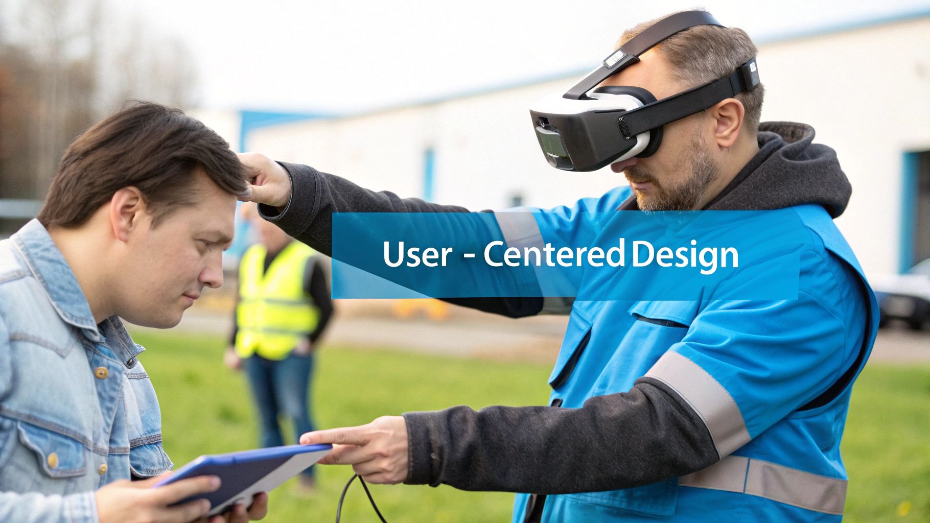Two men collaborate outdoors, one wearing an AR headset and pointing, a tablet, for user-centered design.
