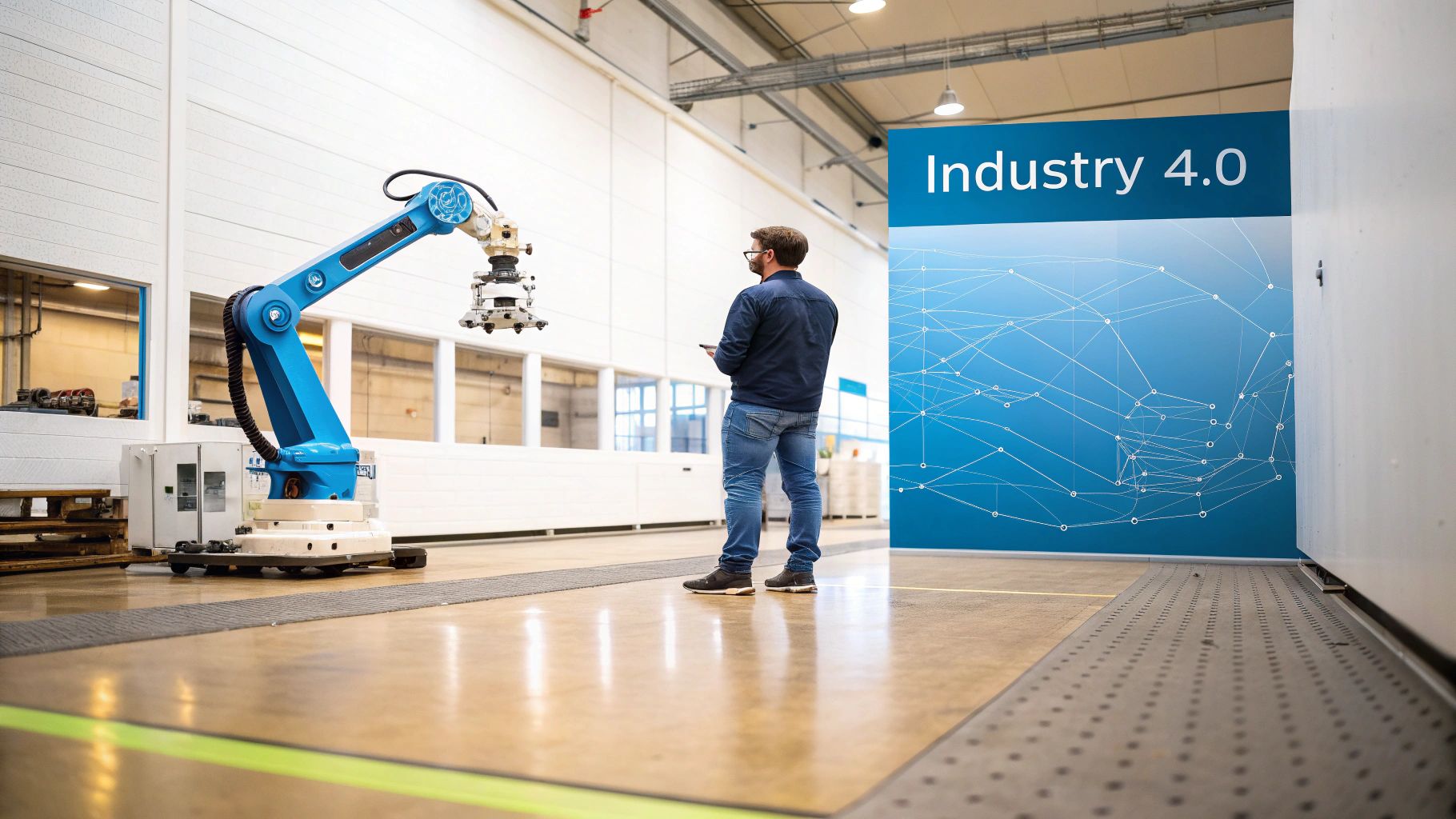 A man observes a large blue industrial robot in a modern factory setting with an "Industry 4.0" banner.