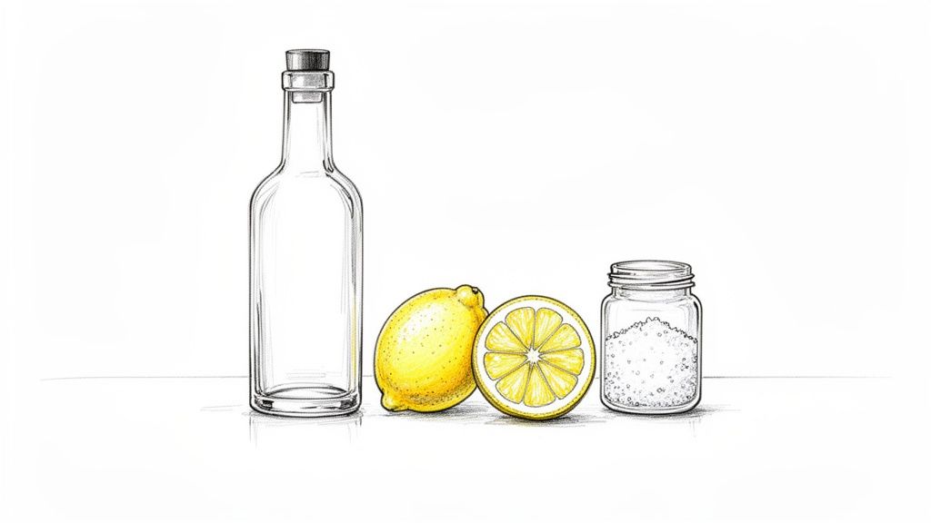 Szklana butelka z korkiem, dwa cytryny (cała i przekrojona) oraz słoik soli na białym tle.