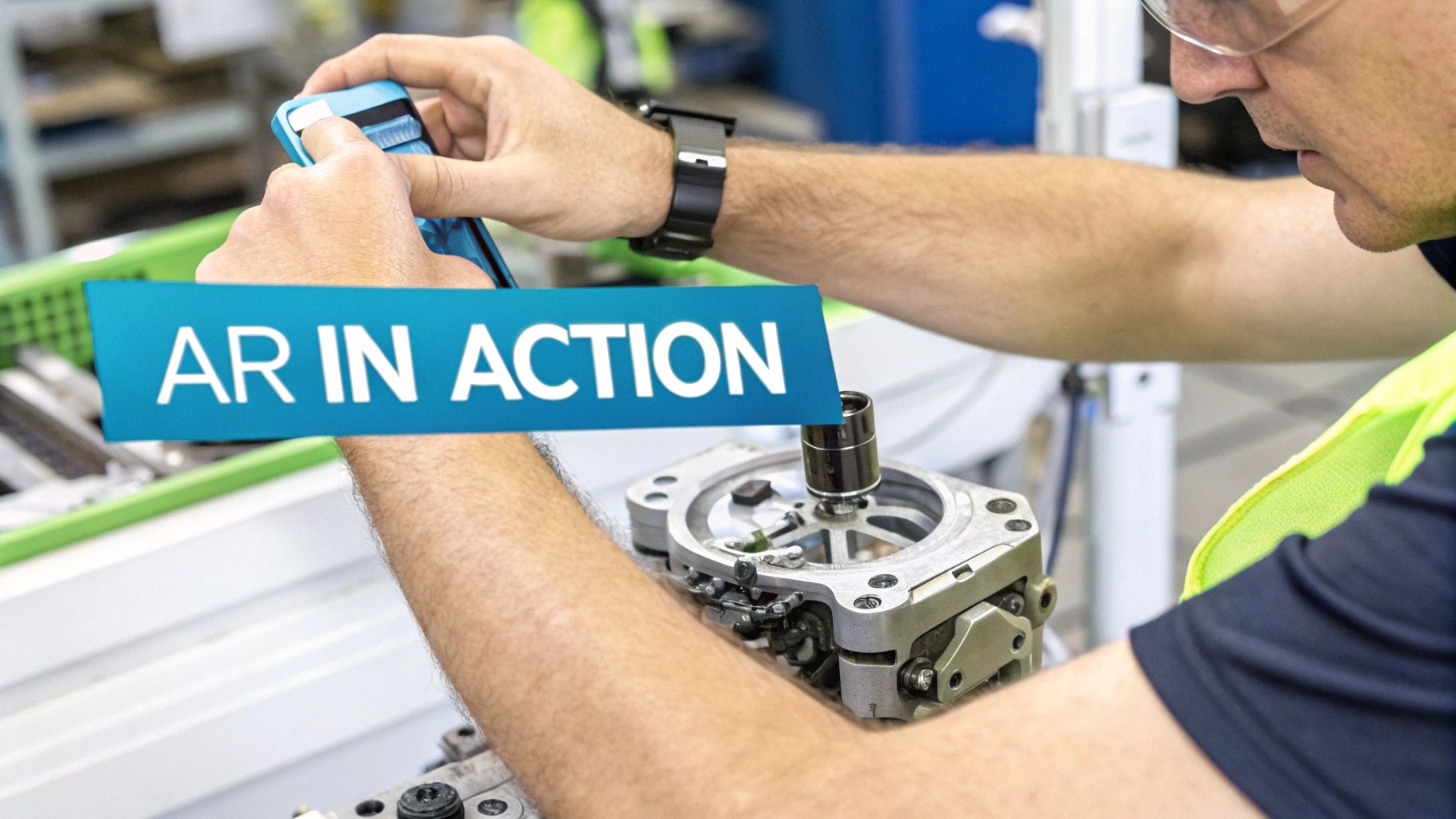 A worker uses a smartphone with AR technology to inspect or assemble a mechanical part in a manufacturing setting.