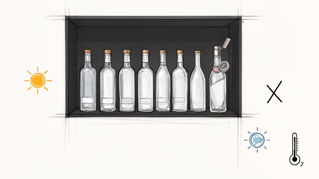 Ilustracja przedstawiająca butelki wódki na czarnej półce oraz ikony słońca, temperatury i wilgotności, sugerujące warunki przechowywania alkoholu.