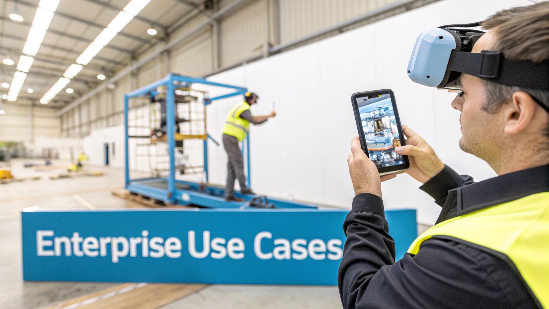 Worker in industrial setting uses AR headset and smartphone displaying augmented reality view of machinery.