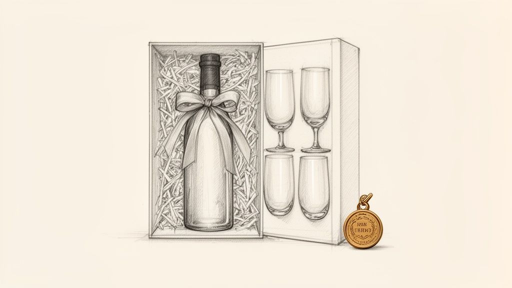 Ręczny szkic eleganckiego zestawu prezentowego: butelka ze wstążką, cztery kieliszki i medalion.