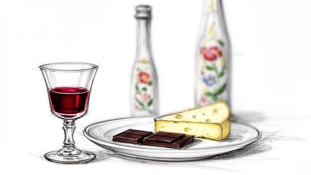 Ilustracja kieliszka czerwonego wina, sera, czekolady na talerzu i rozmytych butelek z kwiatami.