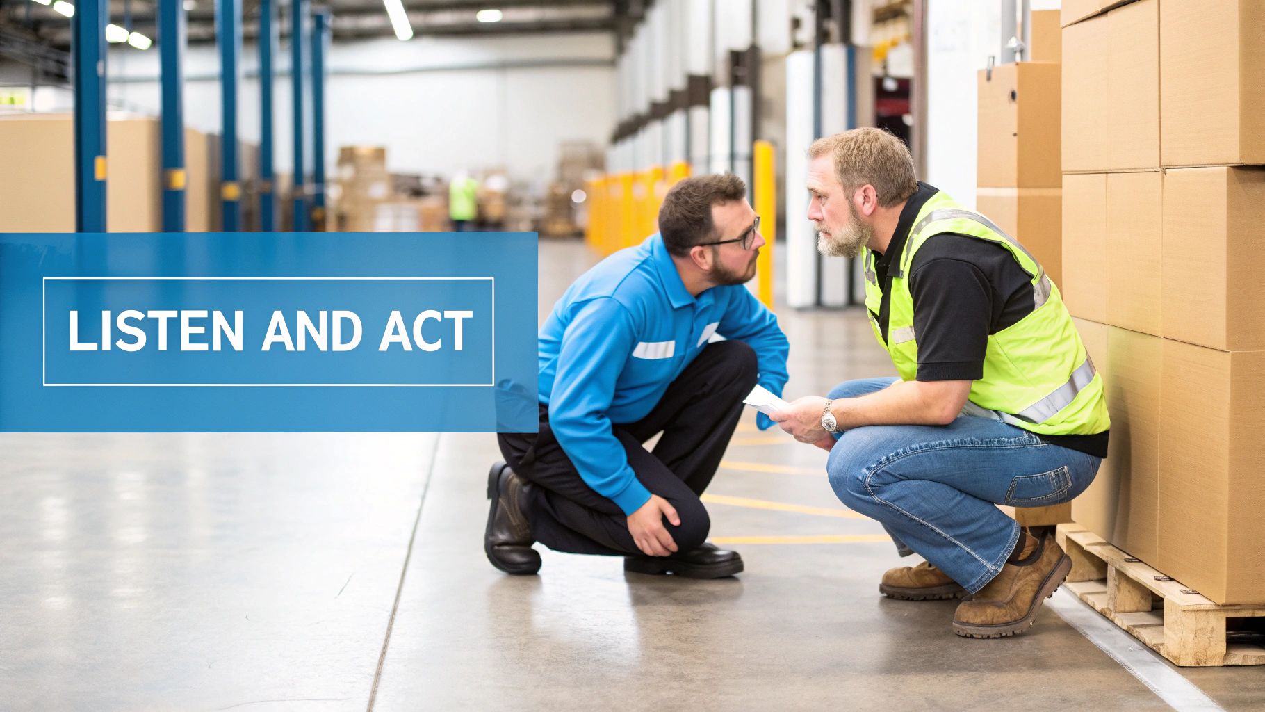 Two male employees squatting in a warehouse, having a serious discussion about work.