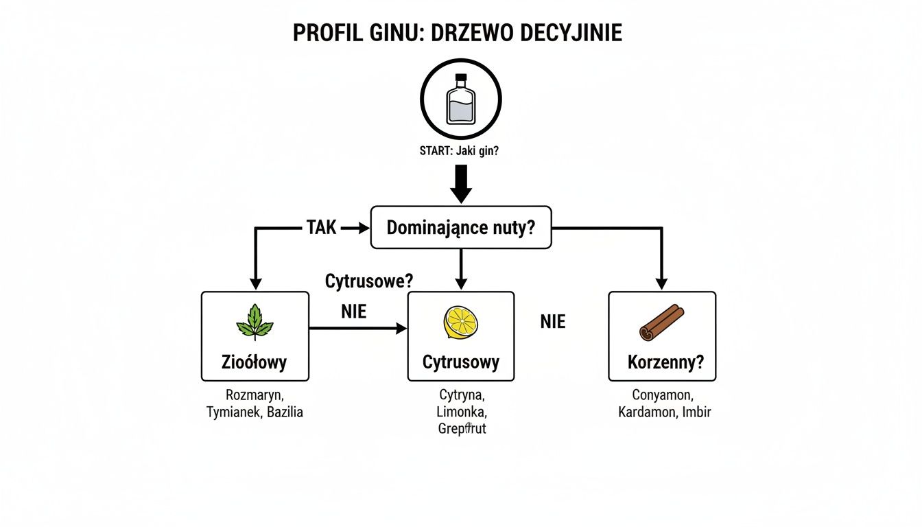 Drzewo decyzyjne profilu ginu, pomagające wybrać gin na podstawie dominujących nut smakowych: ziołowych, cytrusowych lub korzennych.