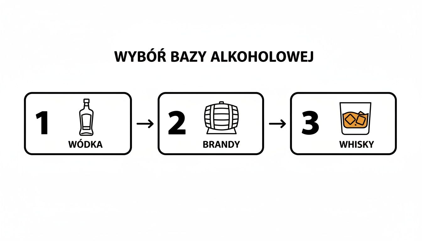 Ilustracja przedstawia trzy opcje wyboru bazy alkoholowej: wódka (butelka), brandy (beczka) i whisky (szklanka z lodem).