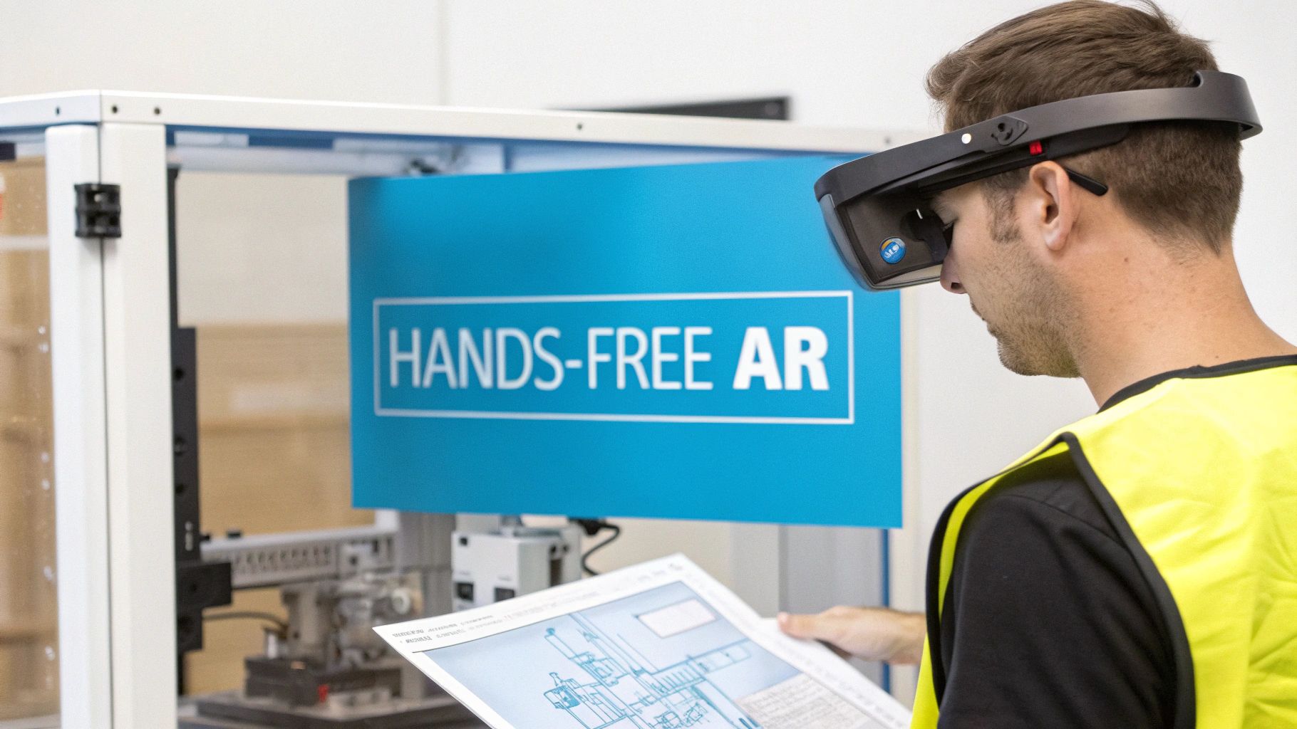 A man wearing an AR headset examines a technical drawing in a workshop, with a 'HANDS-FREE AR' sign in the background.