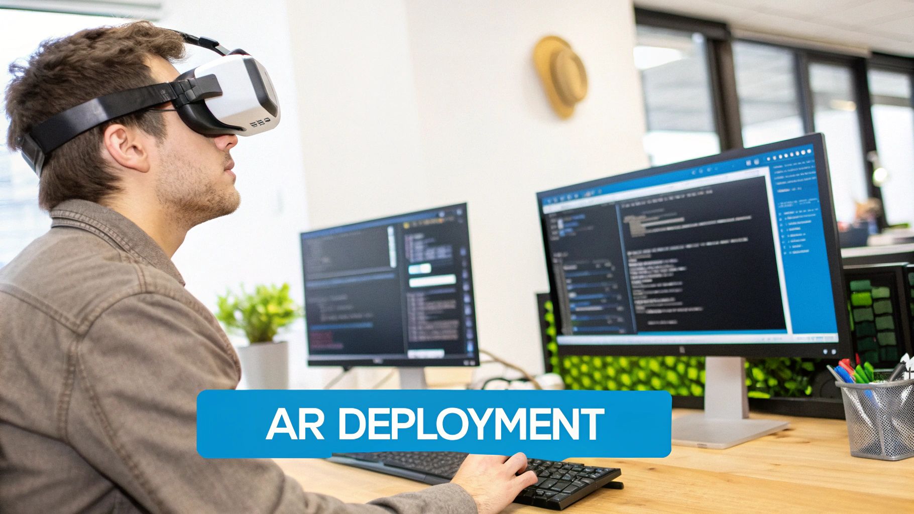 A manufacturing worker wearing AR smart glasses to view digital overlays on complex machinery.