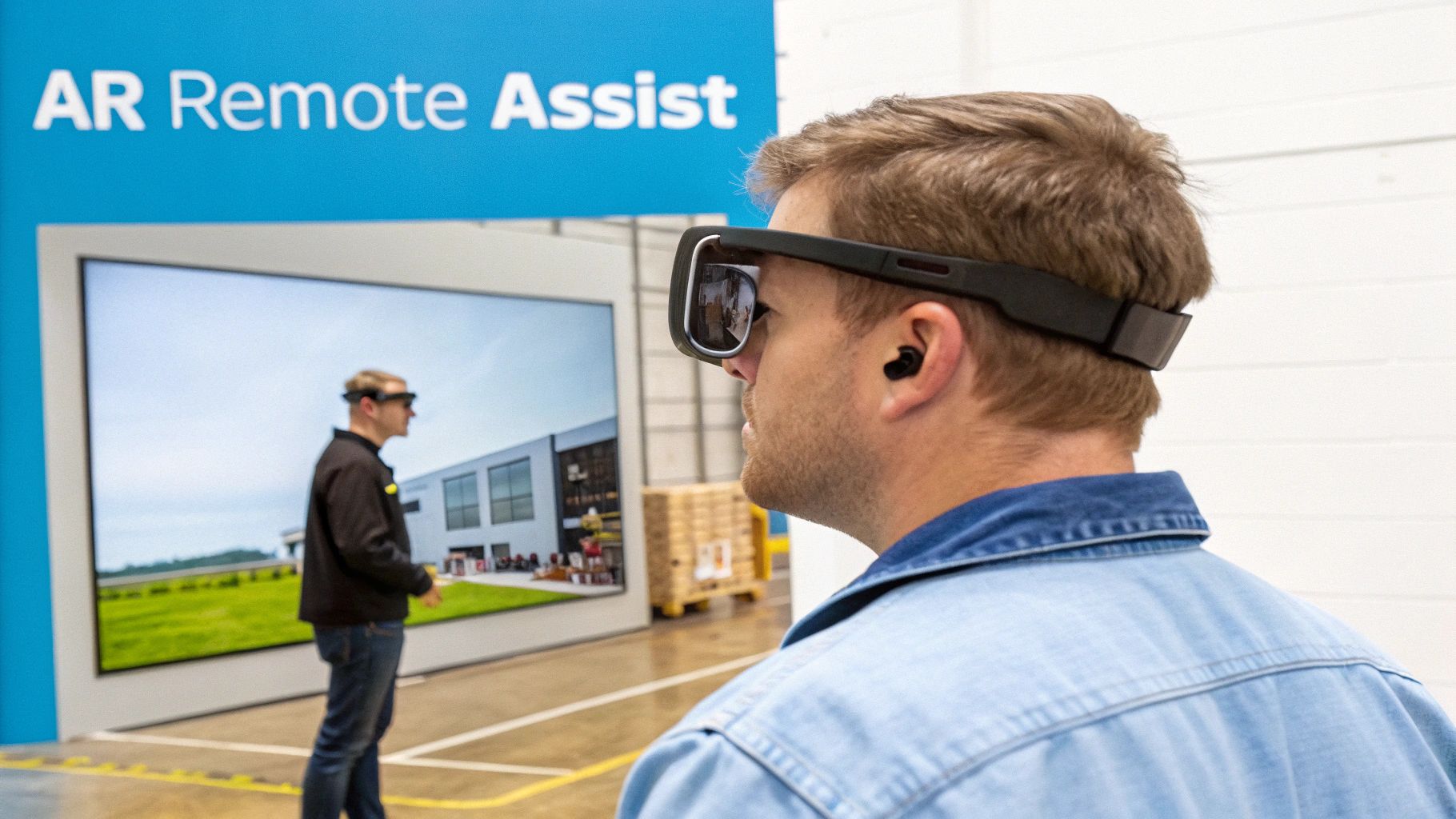 Man wearing AR glasses and earbud views screen demonstrating AR Remote Assist technology.