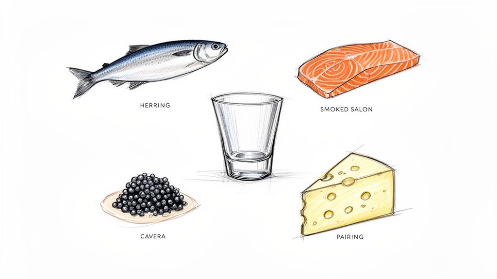 Ilustracja przedstawiająca śledzia, wędzonego łososia, kawior, ser i pusty kieliszek do parowania potraw.