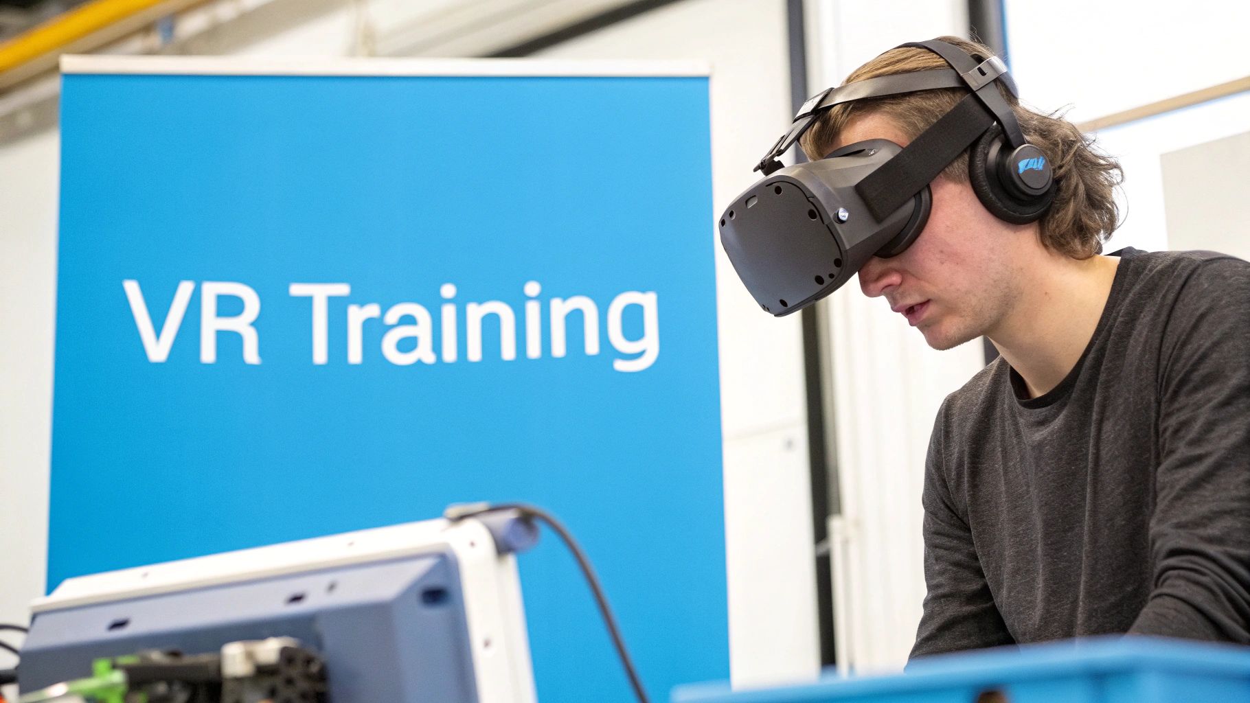 Technician wearing a VR headset for industrial training