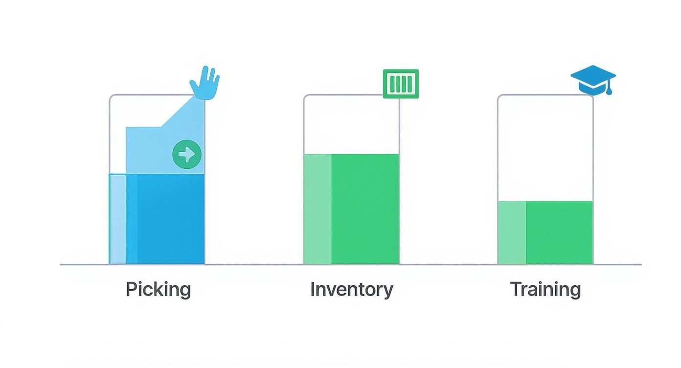 Infographic with three bar charts representing picking, inventory, and training processes in a warehouse.