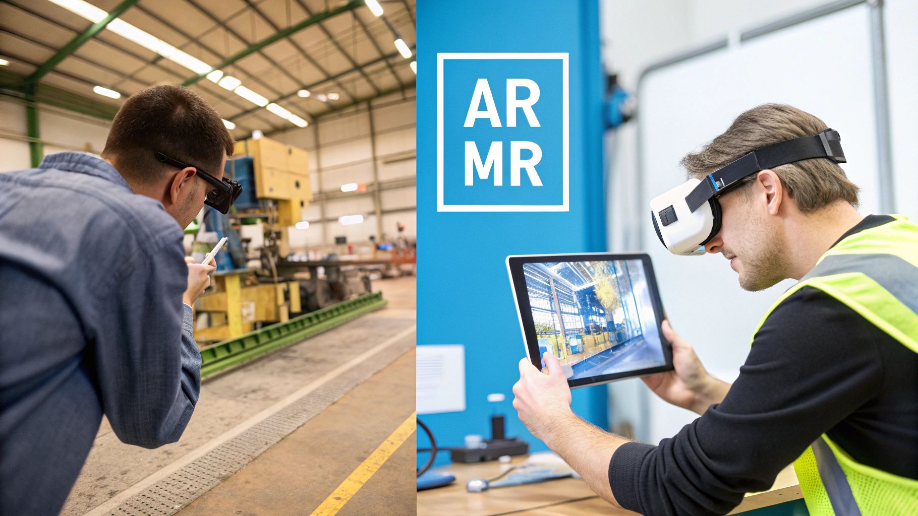 Industrial workers comparing augmented reality glasses and mixed reality headset technology in warehouse facility