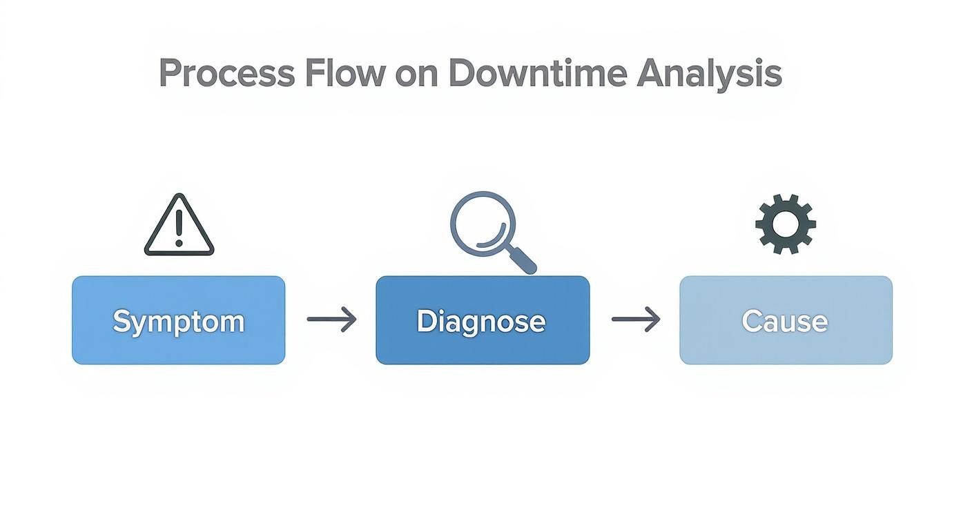 Diagram illustrating the process flow for analyzing downtime, moving from symptom identification to diagnosis and root cause.