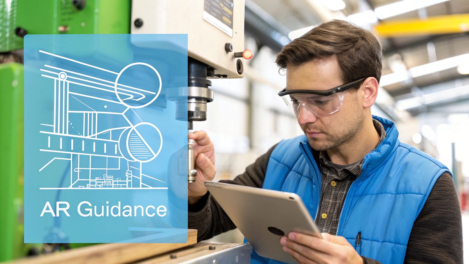 Man in safety glasses using a tablet for AR guidance while operating industrial machinery.