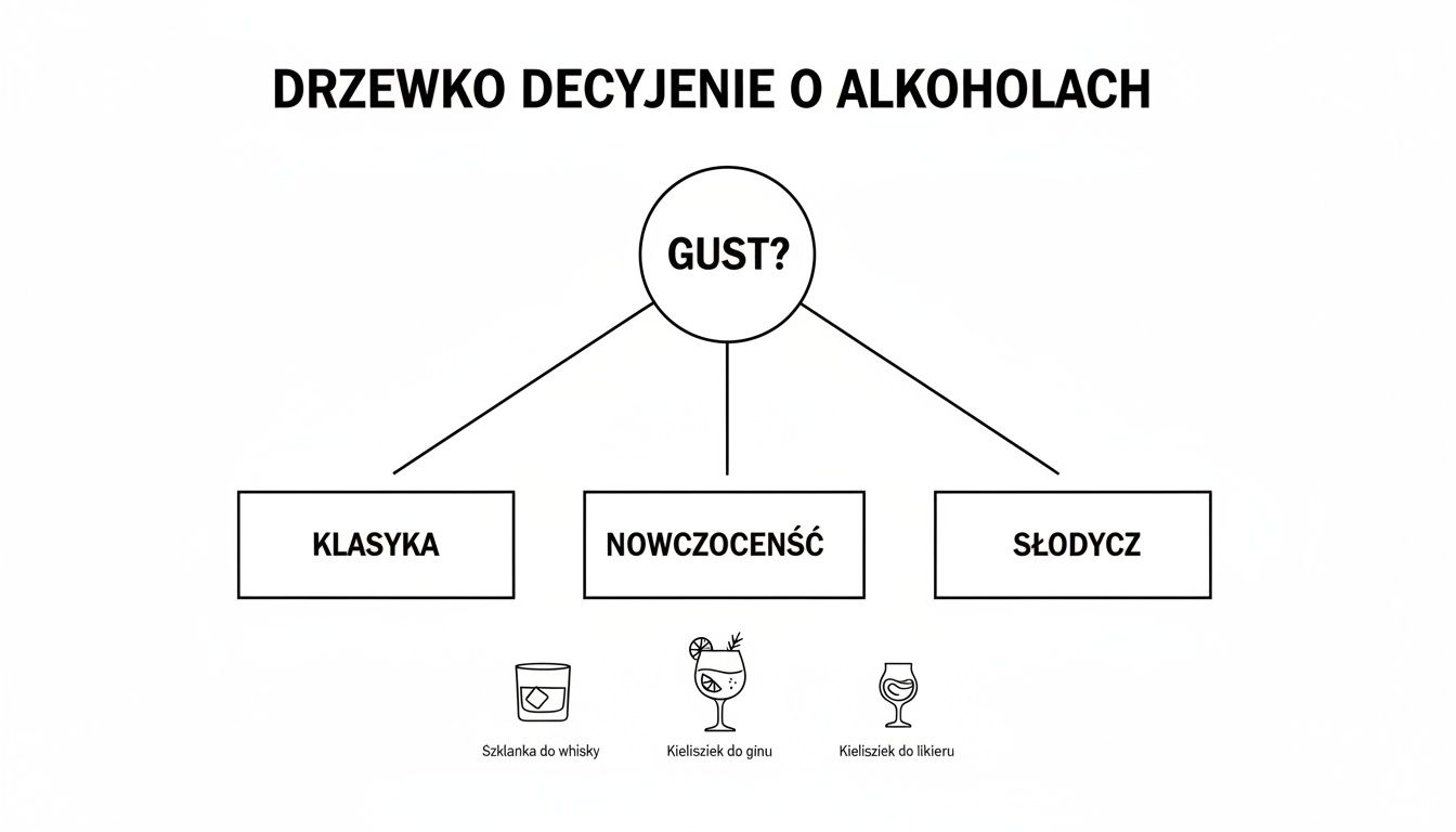 Drzewko decyzyjne o alkoholach, proponujące wybór napoju na podstawie gustu: klasyka, nowoczesność lub słodycz.
