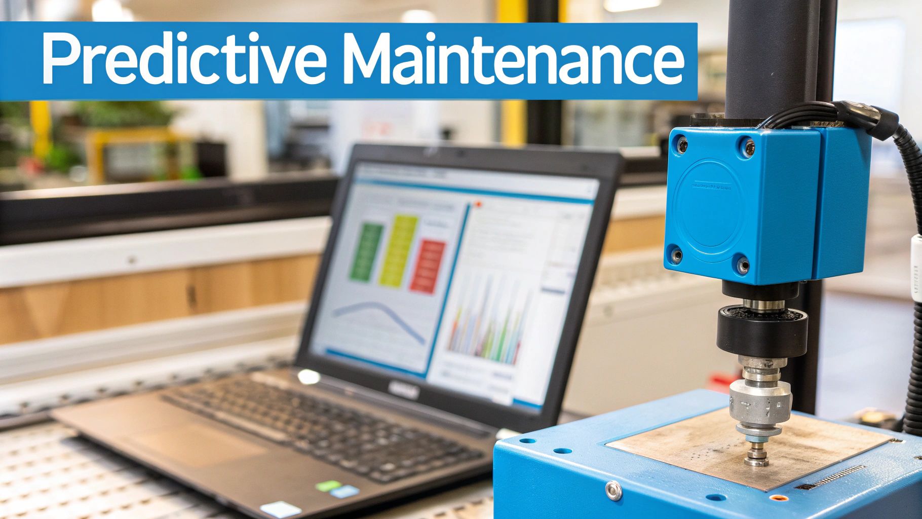 Technician using a tablet to analyze equipment data, symbolizing predictive maintenance.