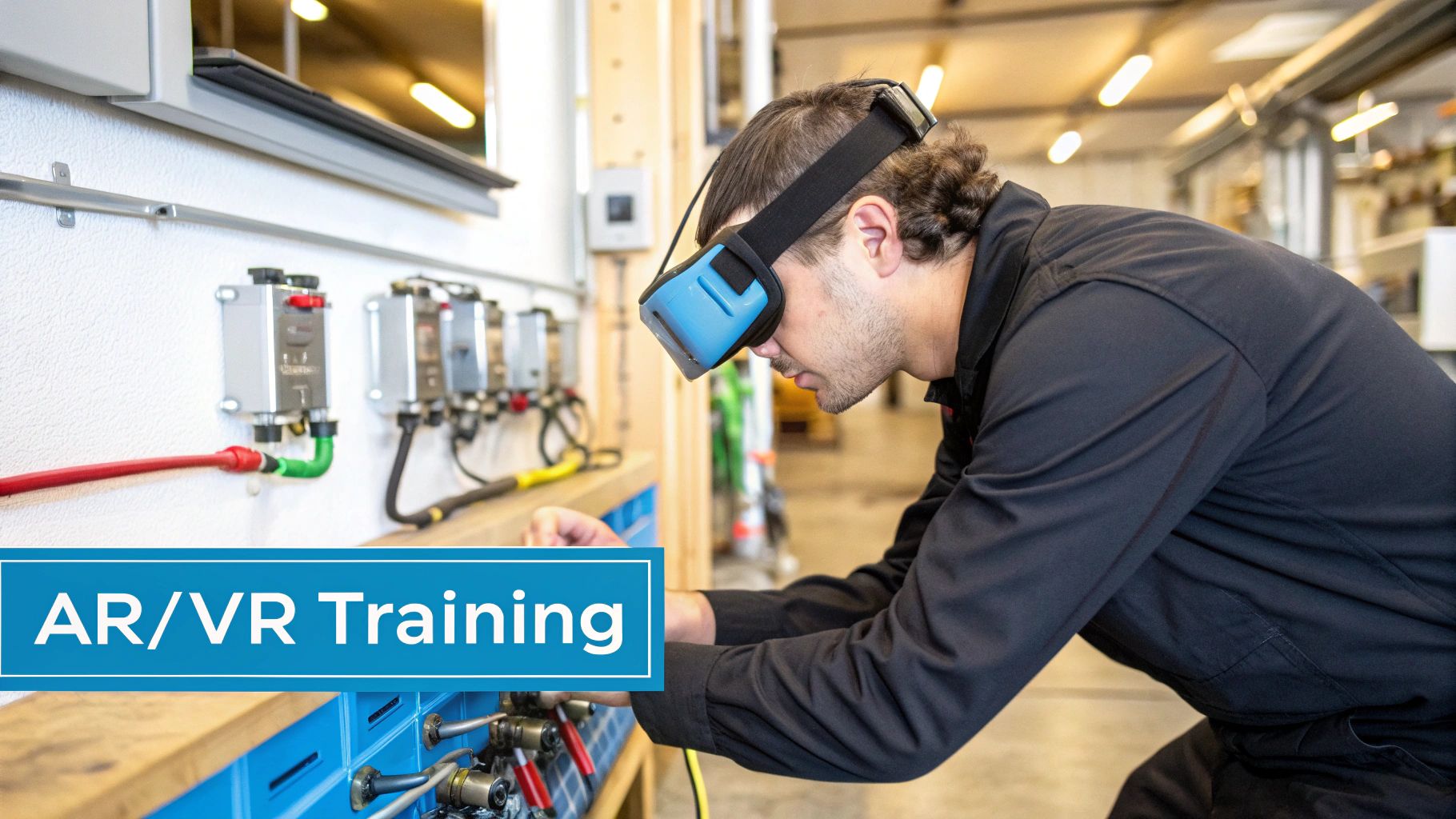 A man wears an AR/VR headset while training on industrial equipment in a workshop setting.