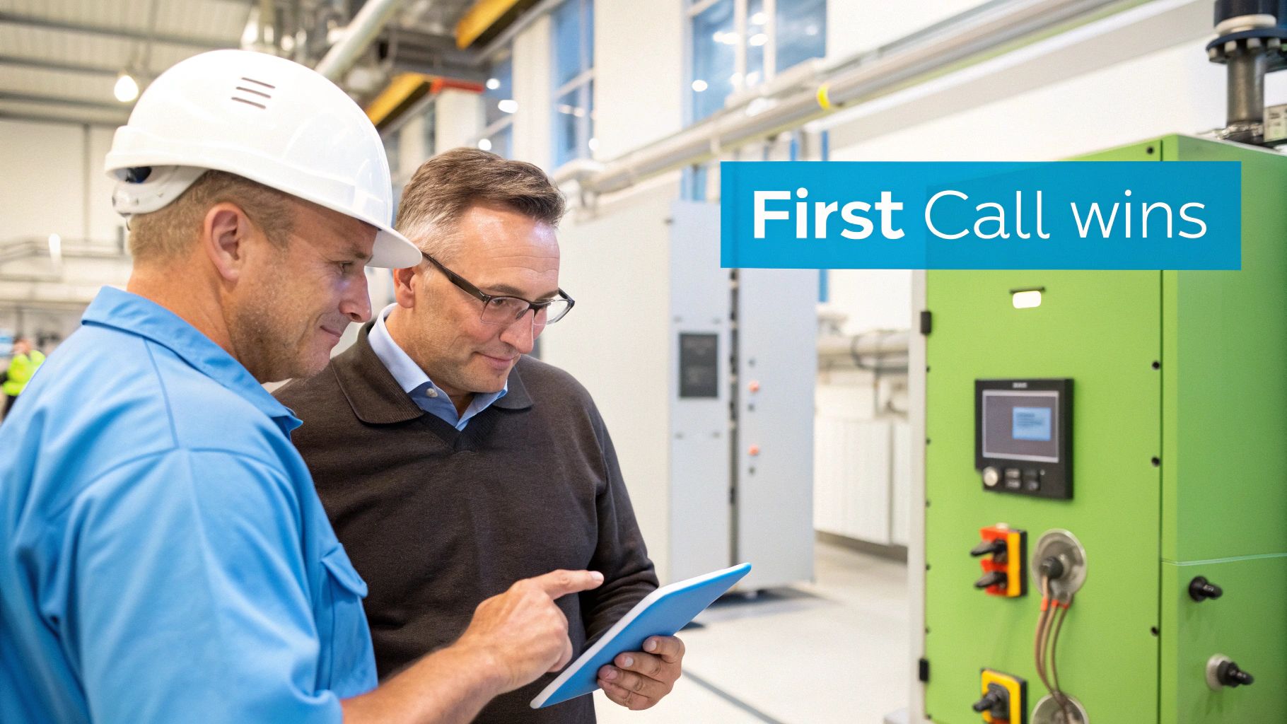 Two factory workers review a tablet near industrial machinery, discussing processes, with 'First Call wins' overlay.