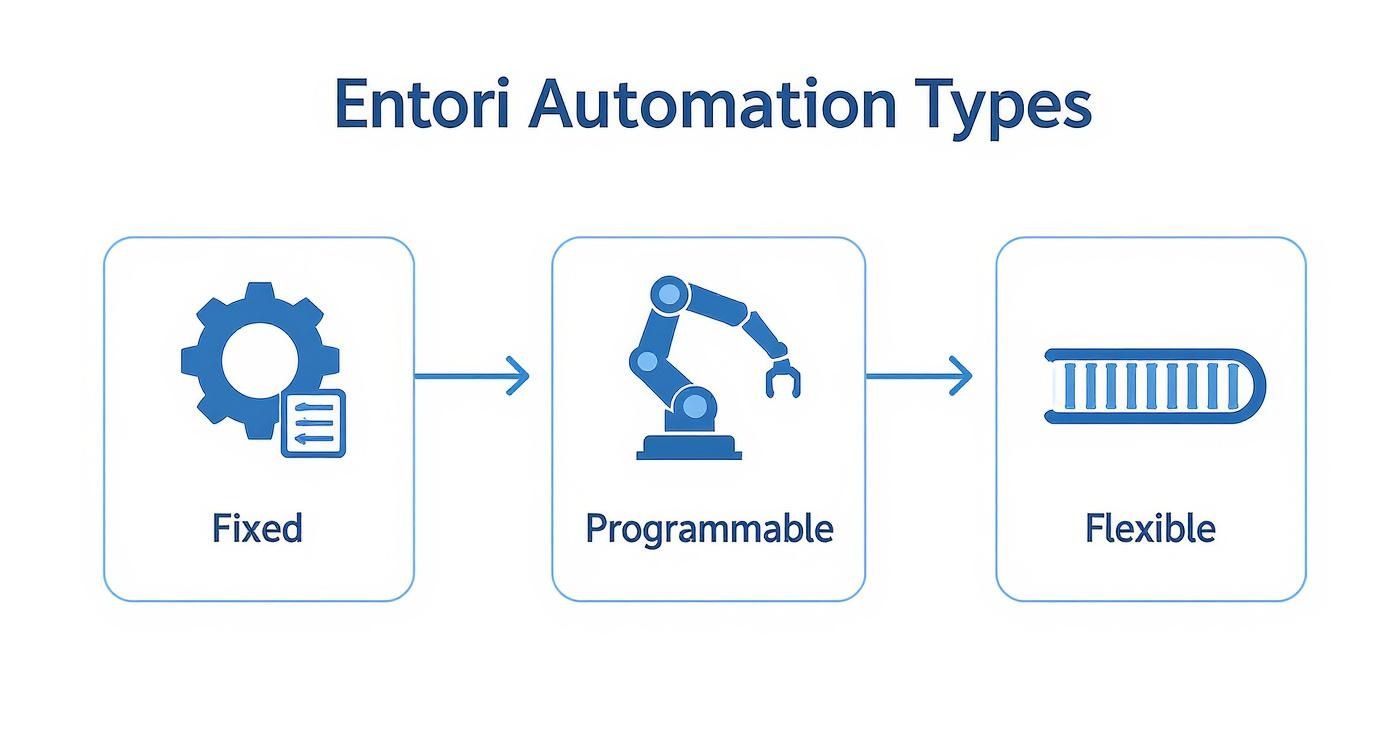 Diagram showing Entori Automation Types: Fixed, Programmable, and Flexible, depicted with illustrative icons.