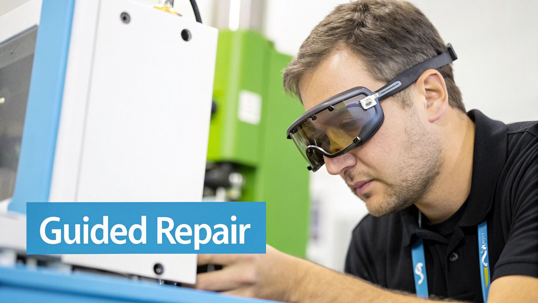 An assembly line with AR overlays guiding a technician