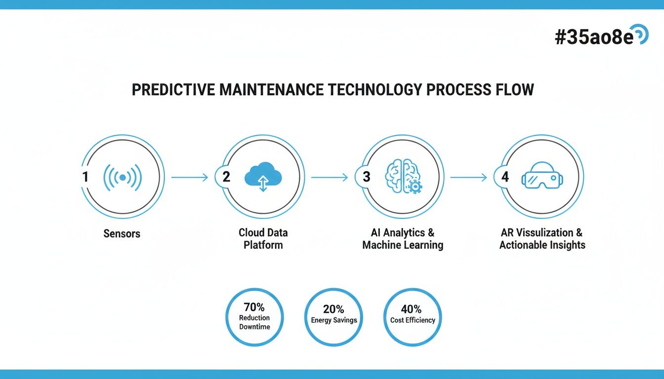 A diagram showing the four-step predictive maintenance technology process flow from sensors to AR visualization, with key benefits.