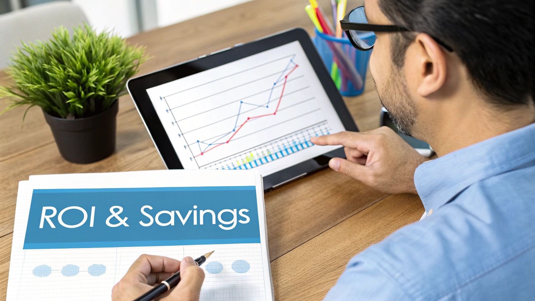 A professional reviewing financial performance, ROI, and savings on a tablet and paper.