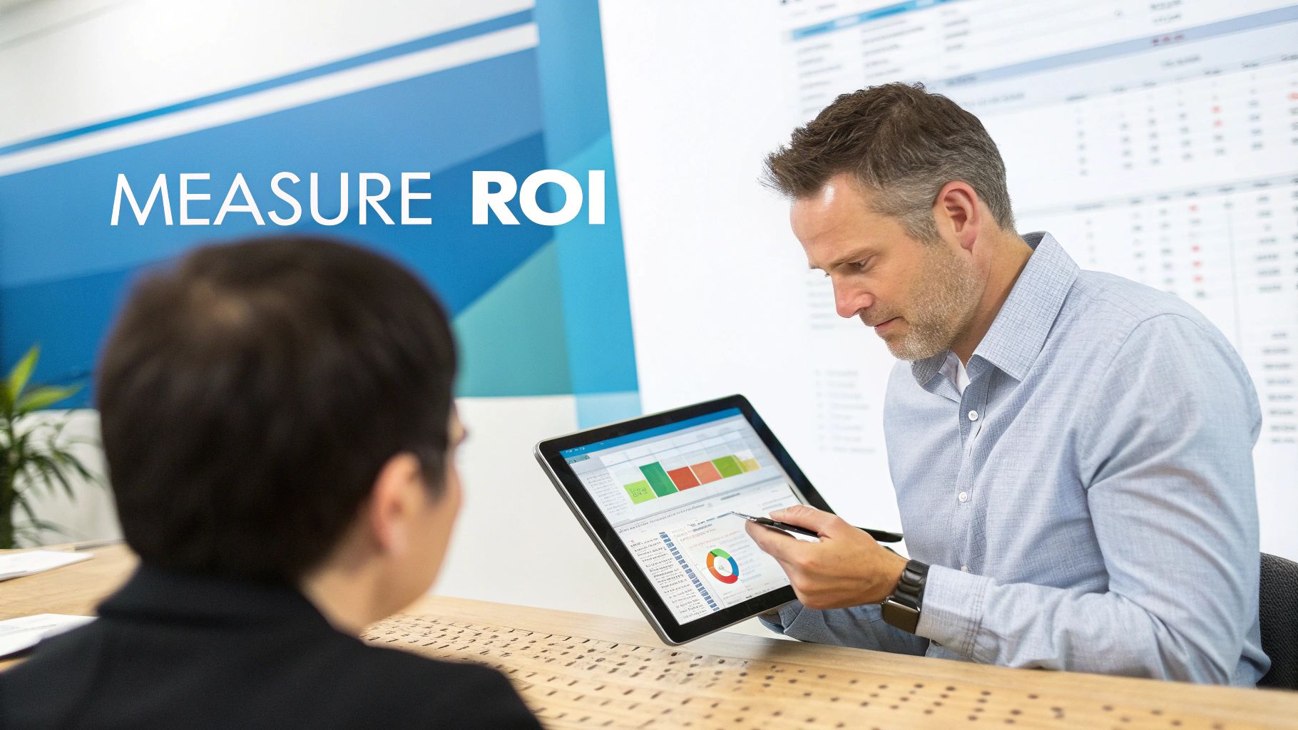 Two business professionals discussing data analysis on a tablet with 'MEASURE ROI' on the wall.