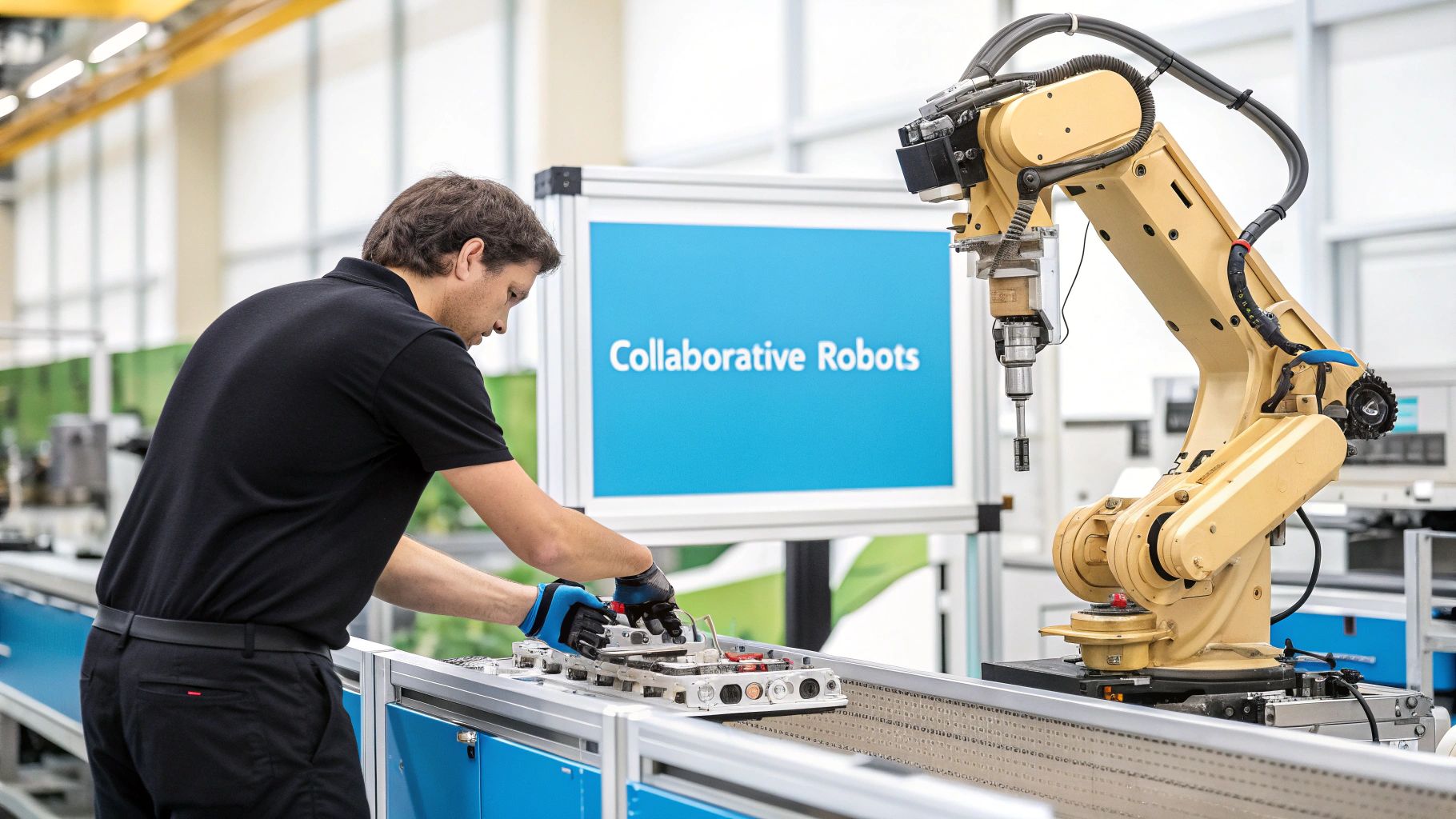 An AI-driven robotic arm performing an intricate task on a modern factory floor.