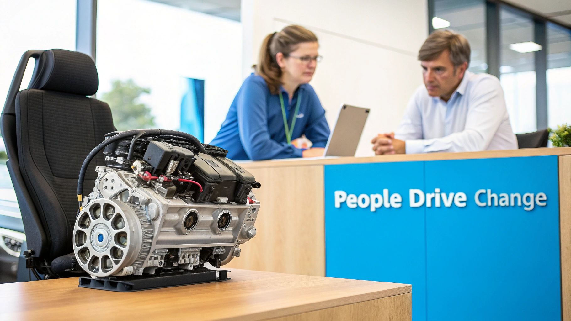 A detailed car engine display sits on a table, with two people discussing in the background, next to a 'People Drive Change' sign.