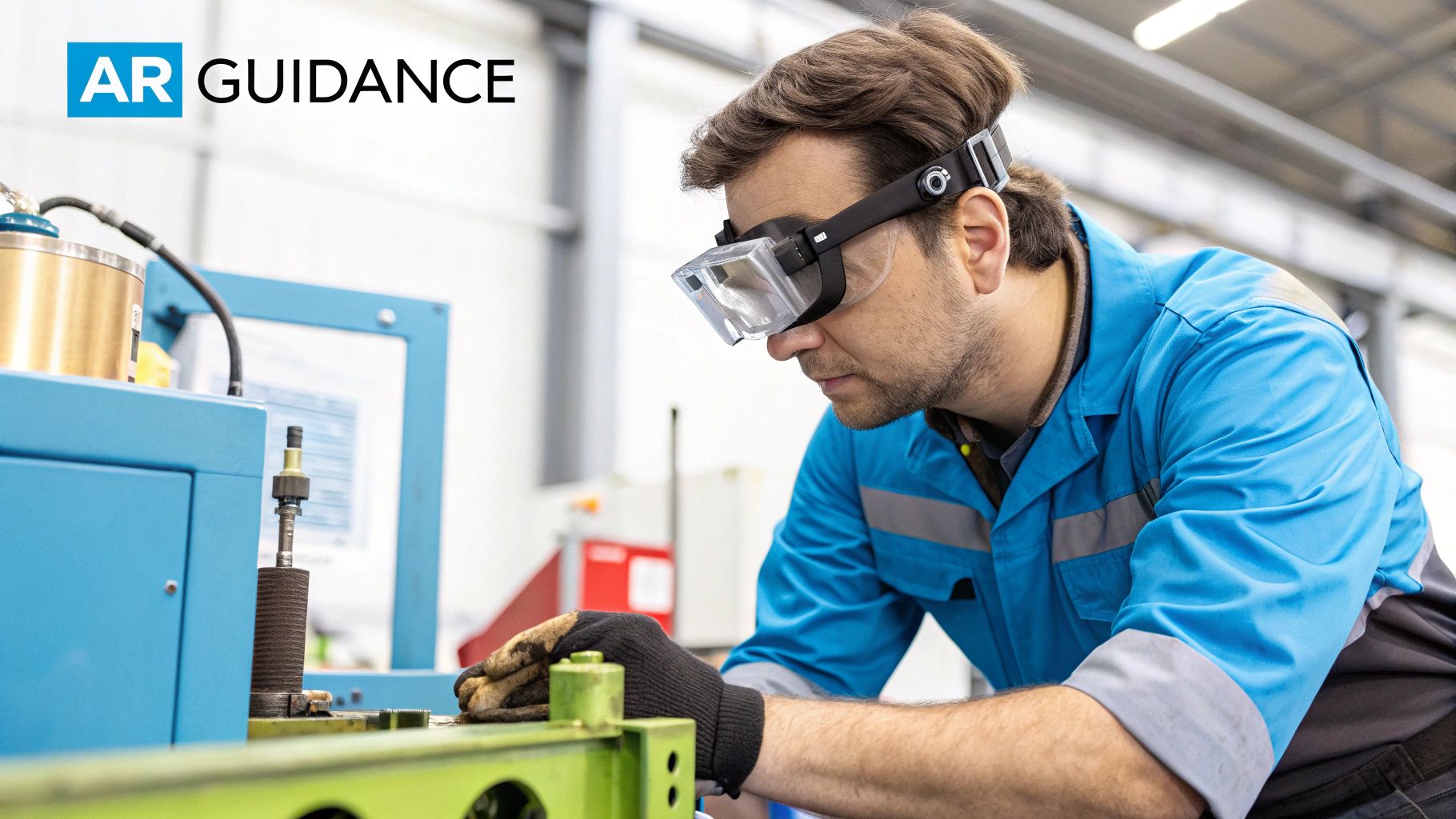 A technician wearing AR glasses to service a complex piece of manufacturing equipment.