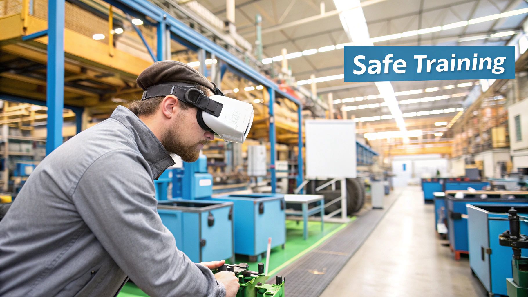 A technician wearing a VR headset, engaged in a training simulation on a complex piece of industrial machinery.