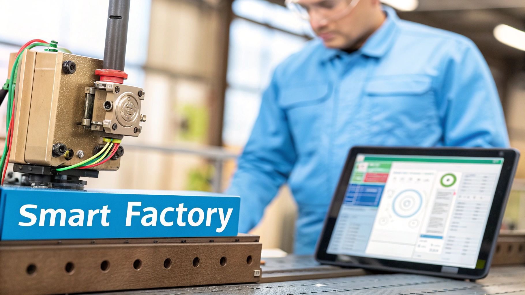 A close-up of smart factory machinery, a tablet displaying performance data, with an engineer observing in the background.