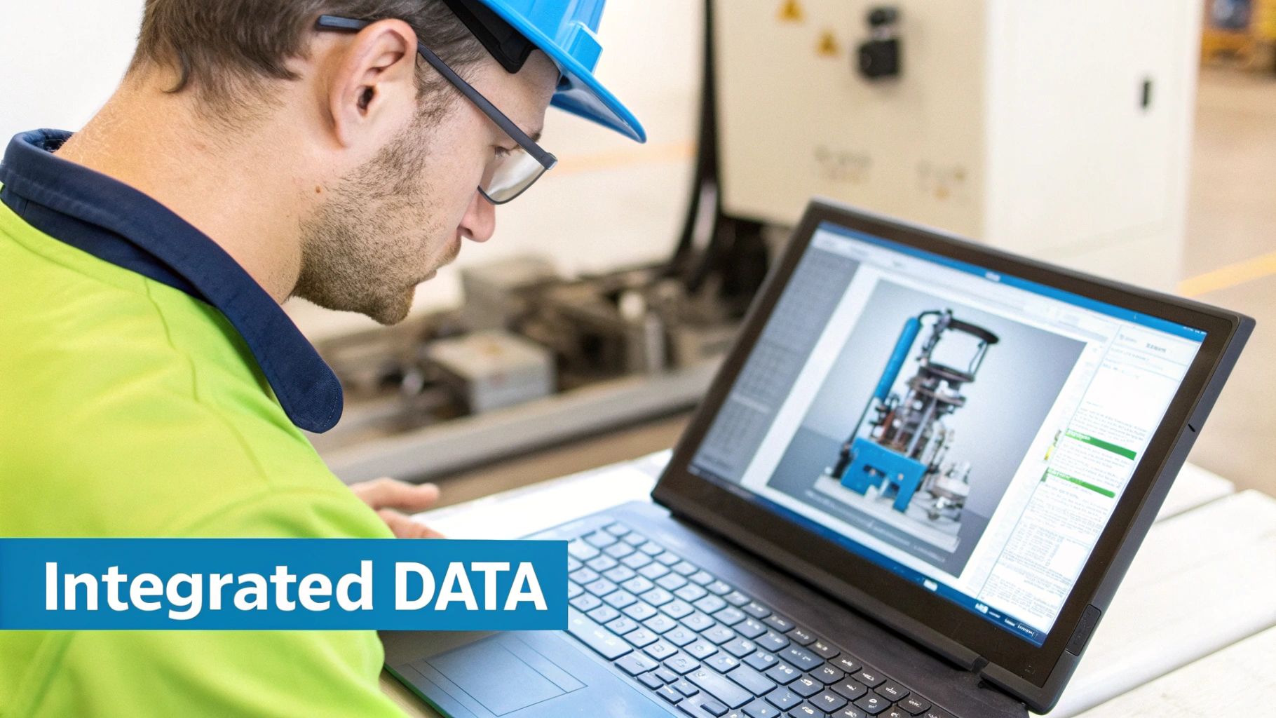 An engineer wearing a hard hat and glasses views an industrial machine model on a laptop.